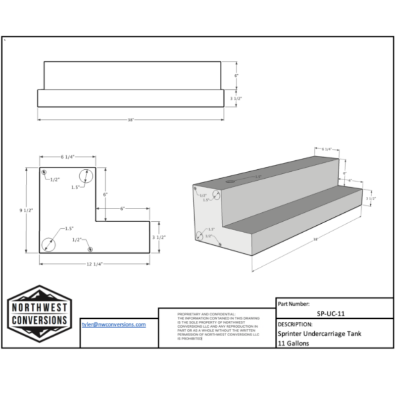 11 Gallon Water Tank (Undercarriage) for Sprinter Vans - spec sheet