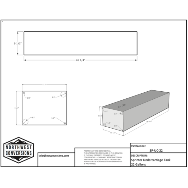 22 Gallon Water Tank (Undercarriage) for Sprinter Vans - Spec Sheet