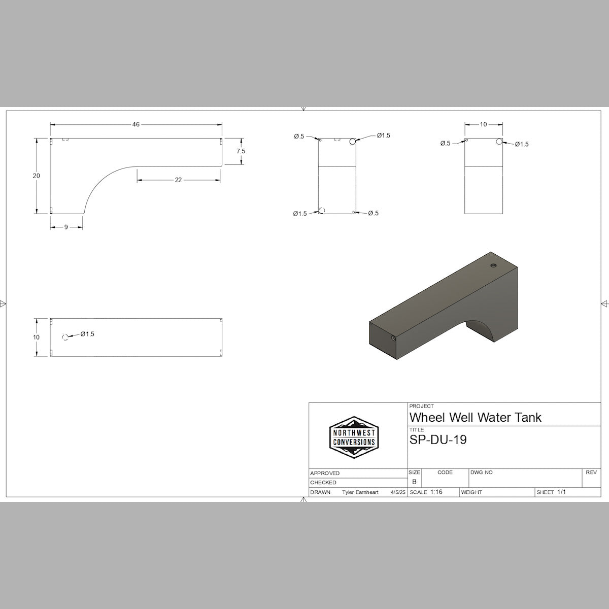19 Gallon Water Tank for Sprinter and Transit Dually Vans - spec sheet