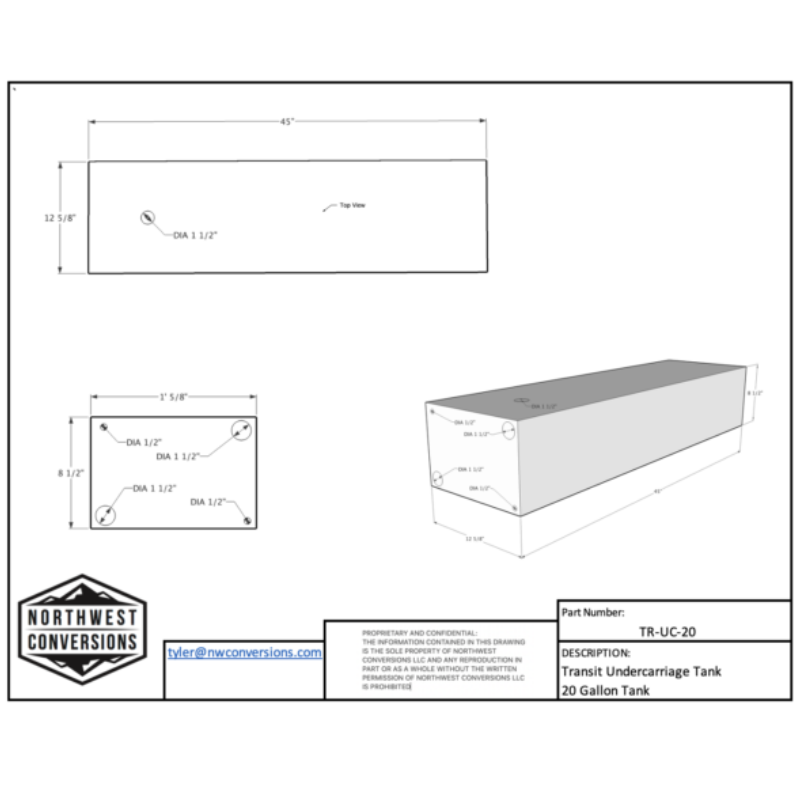 20 Gallon Water Tank (Undercarriage) for Transit Vans - spec sheet