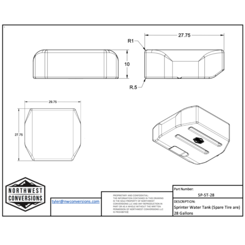 28 Gallon Water Tank (Spare Tire Mounted) for Sprinter Van - Spec Sheet