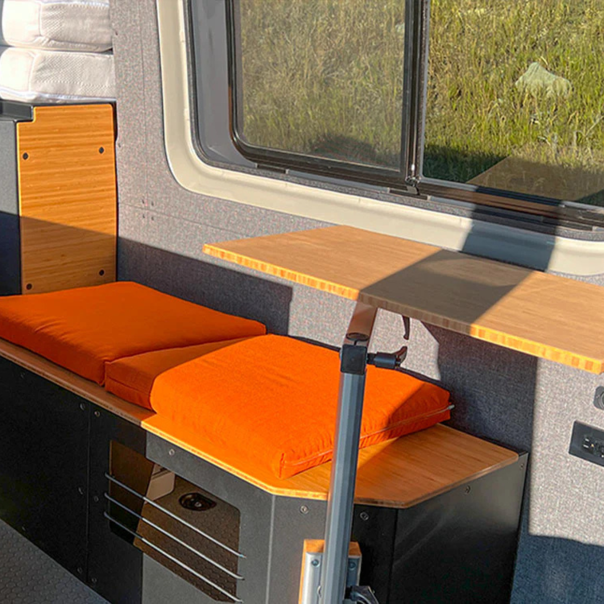 Installed bamboo table top in van 
