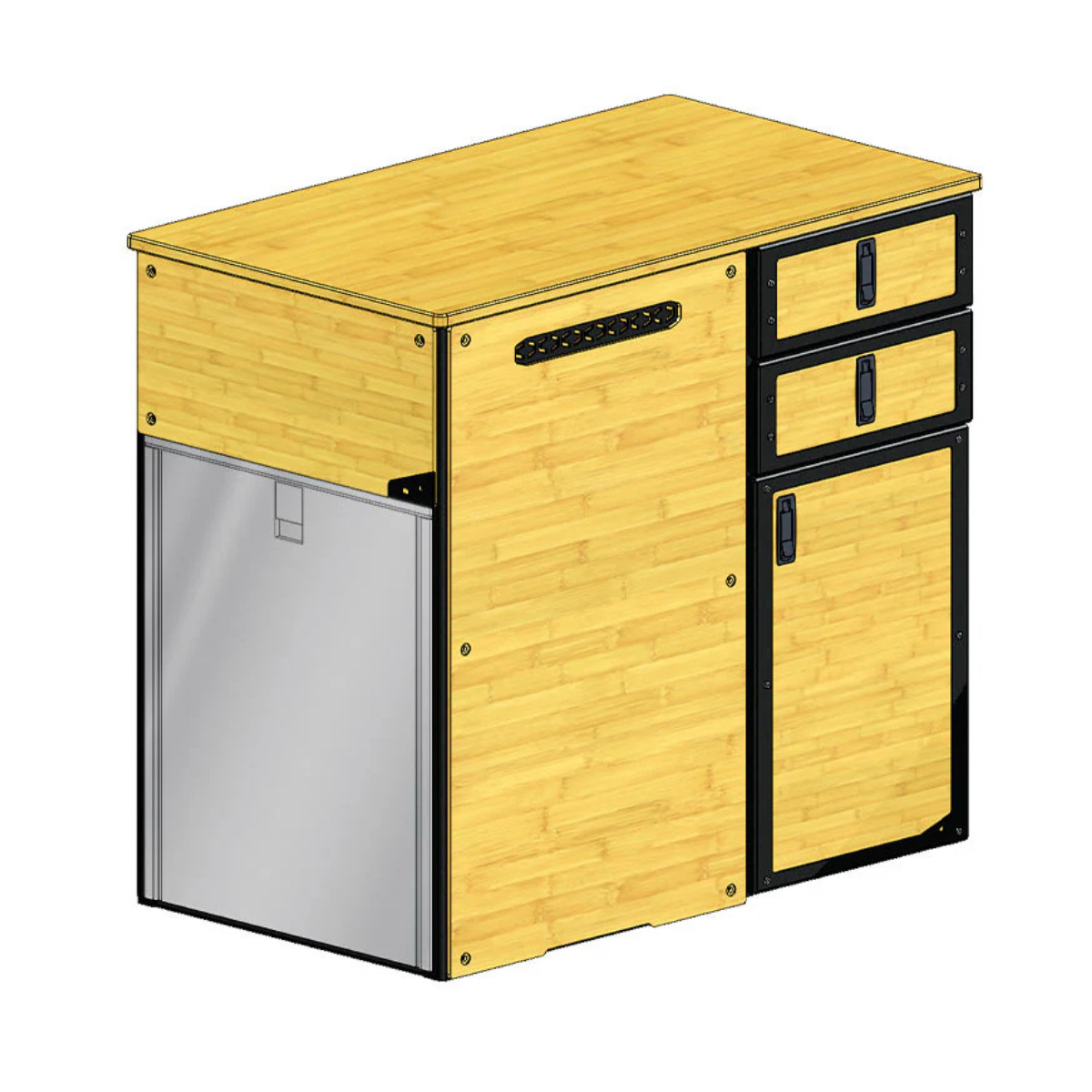 Render of Grub Galley with drawers and refrigerator installed