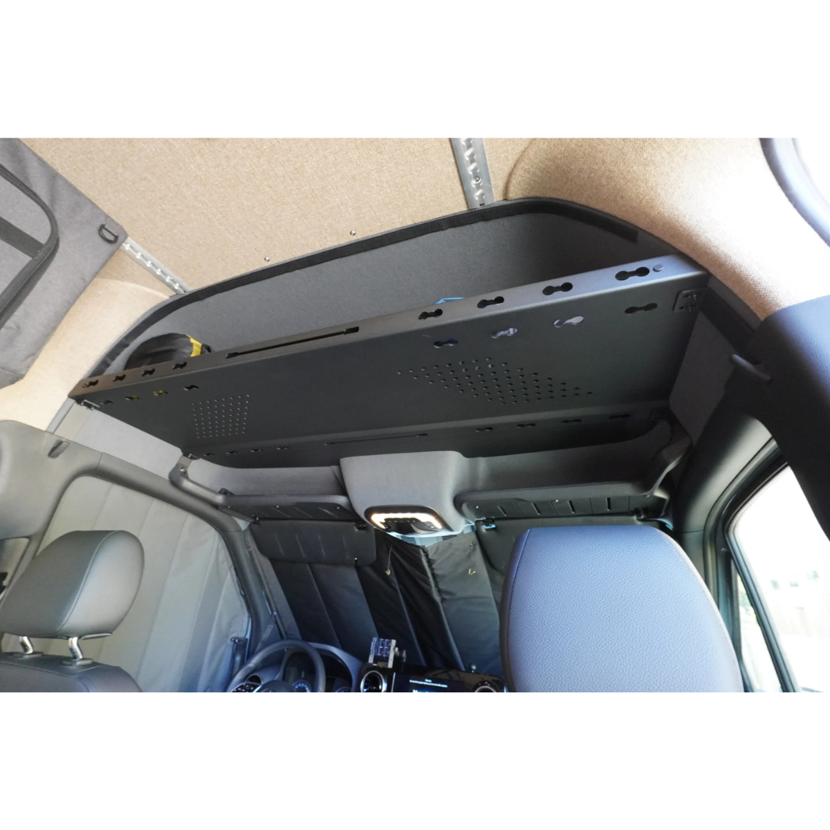 Installed L-Track Headliner Shelf in van
