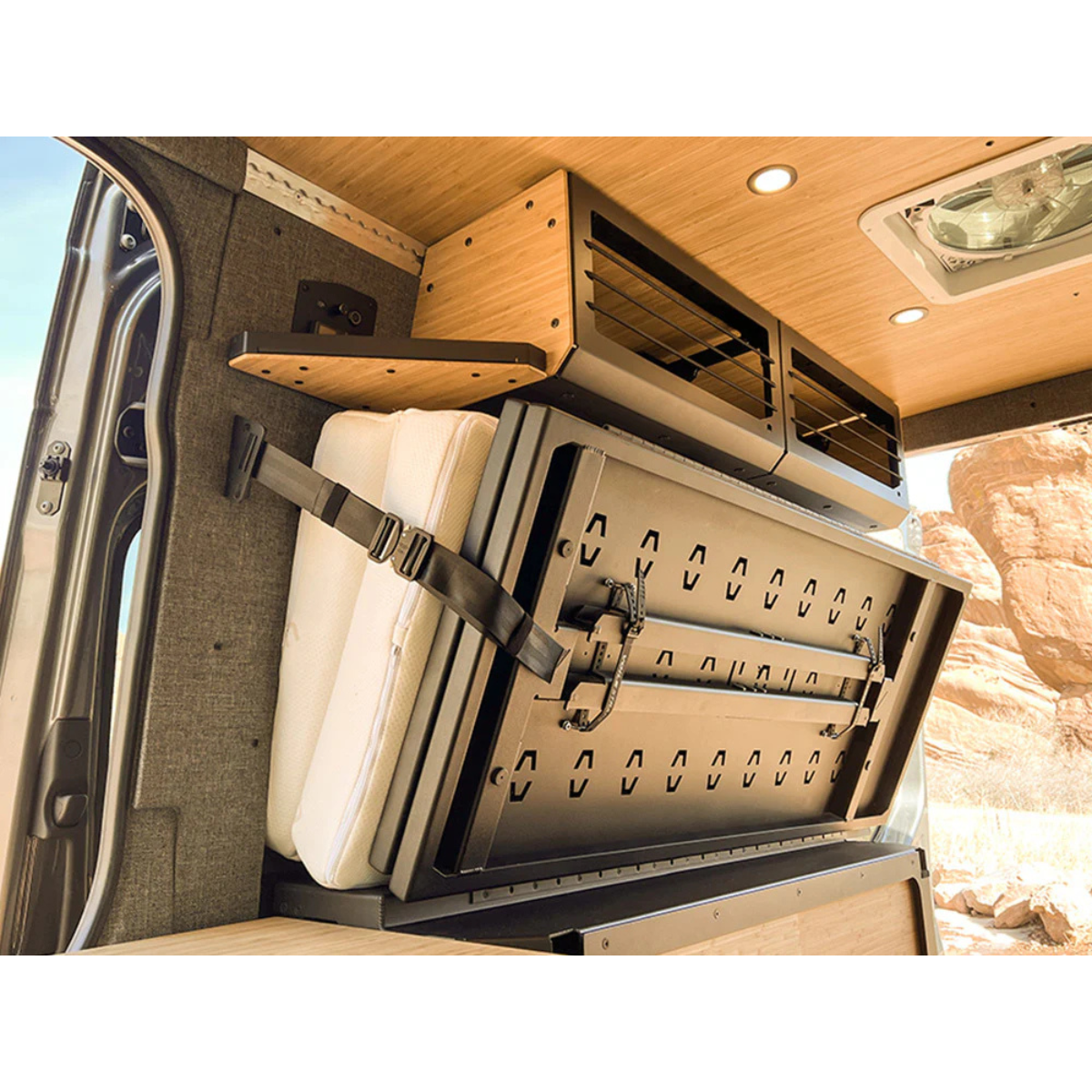 Installed Nomad Mattress in Sprinter 144 with Murphy Bed System Folded up