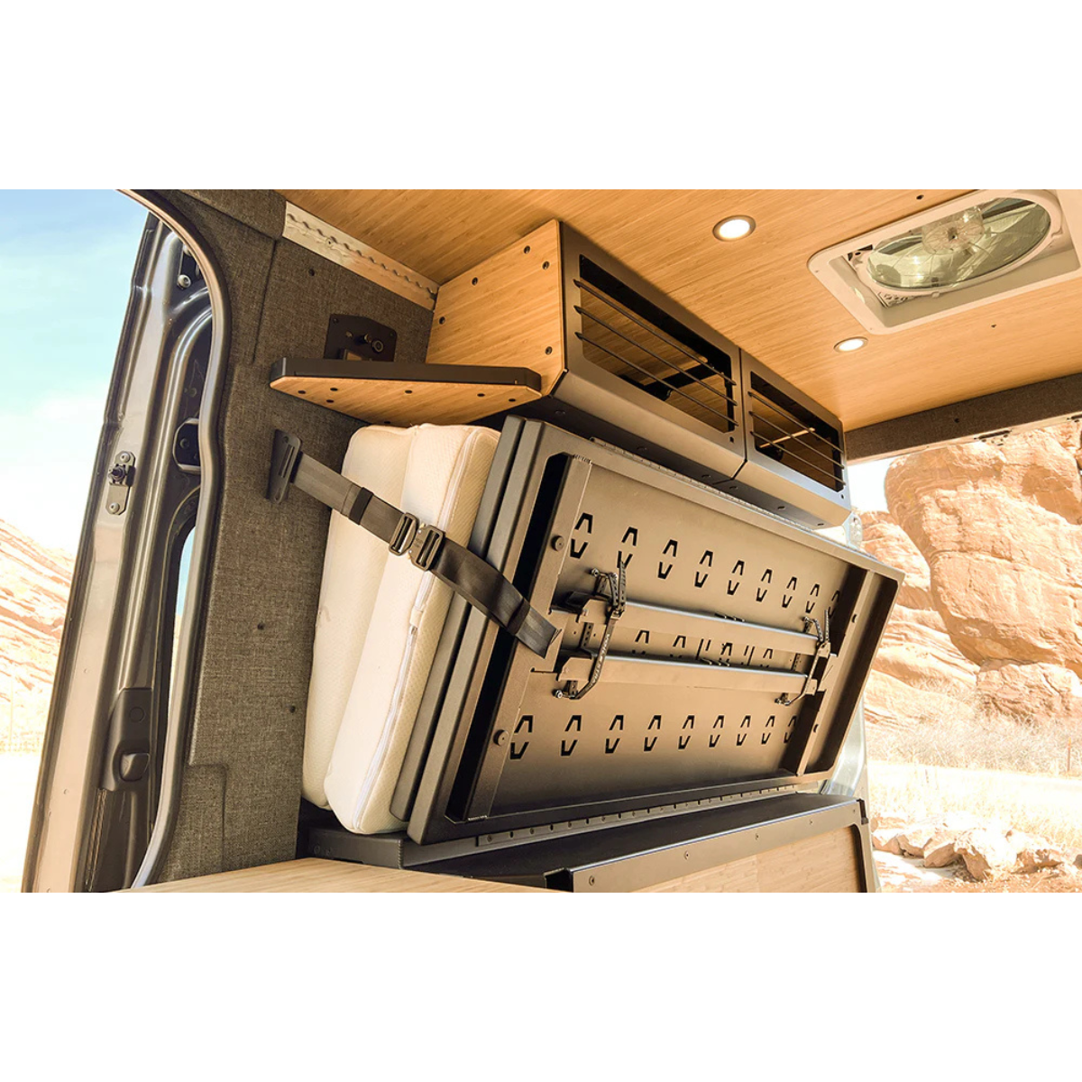Installed Murphy Bed system in Sprinter with panels and mattress buckled up
