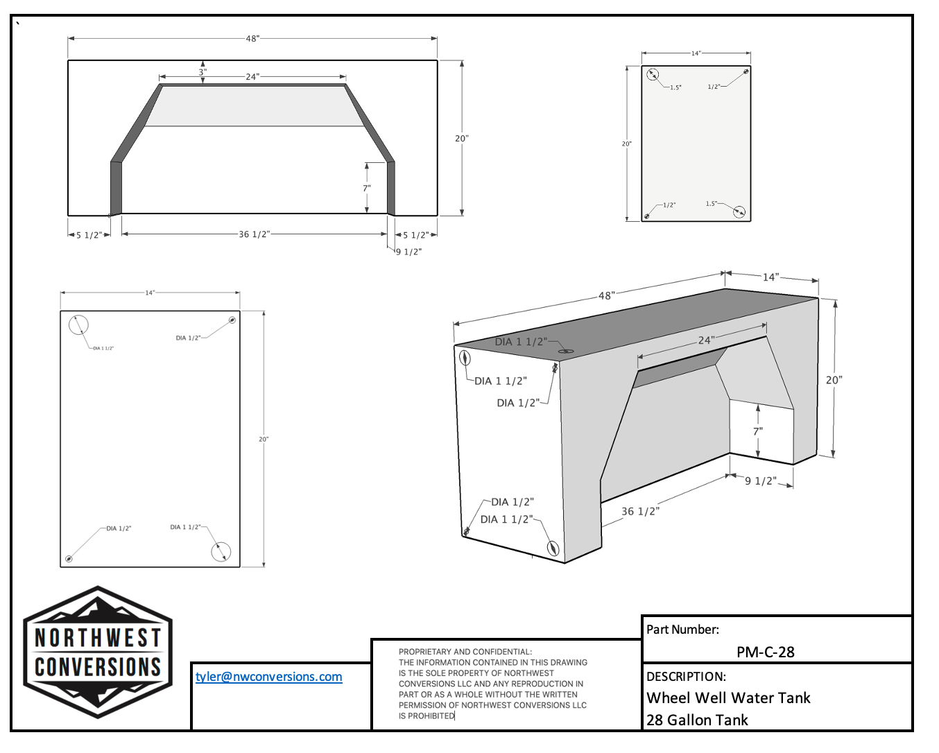 28 Gallon Water Tank for Promaster Vans - spec sheet