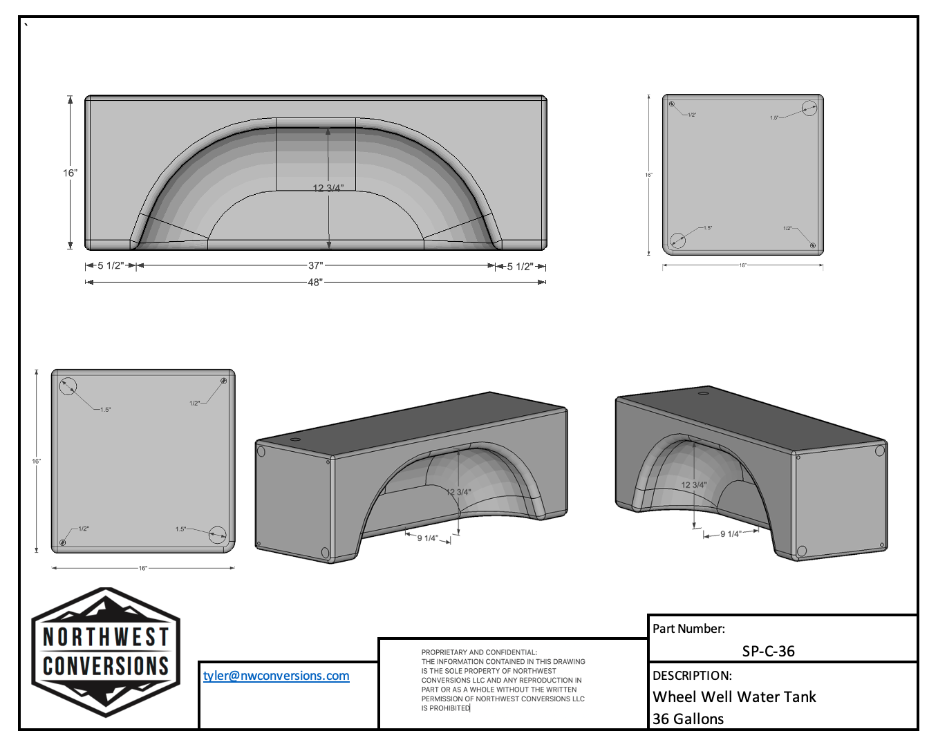 36 Gallon Water Tank for Sprinter Vans - spec sheet