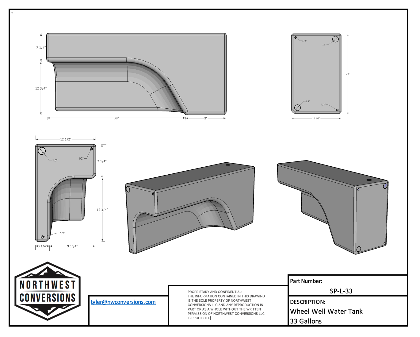 33 Gallon Water Tank for Sprinter Vans - Left Side Spec Sheet