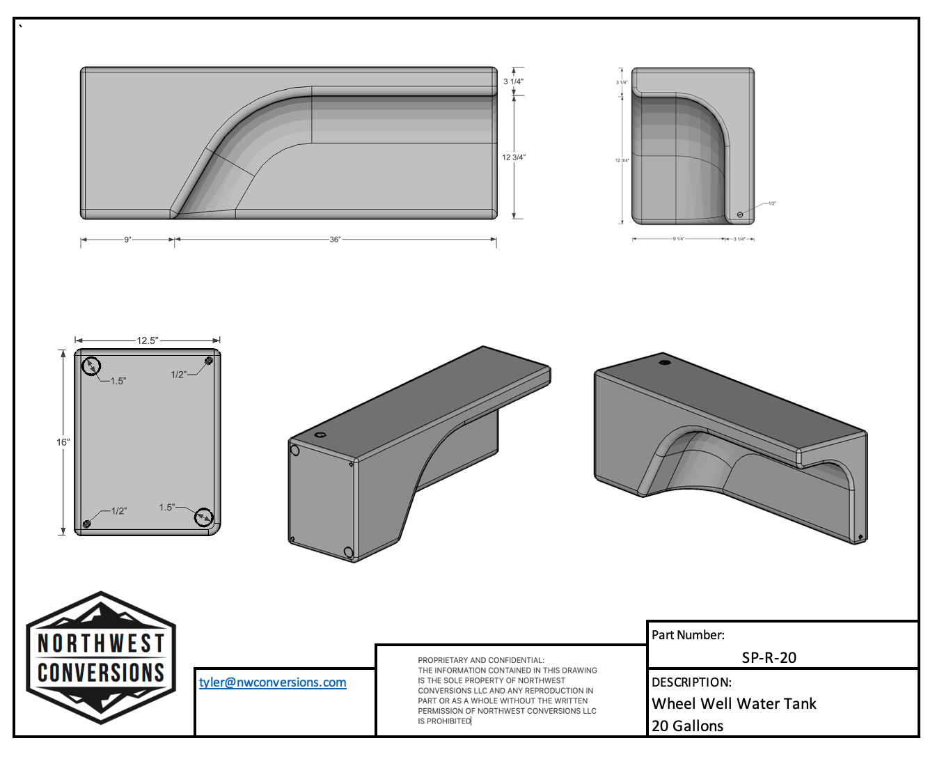 20 Gallon Water Tank for Sprinter Vans - right side spec sheet