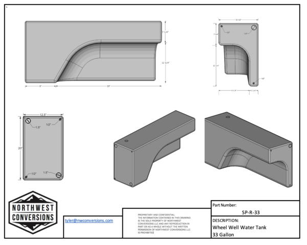 33 Gallon Water Tank for Sprinter Vans - Right Side Spec Sheet
