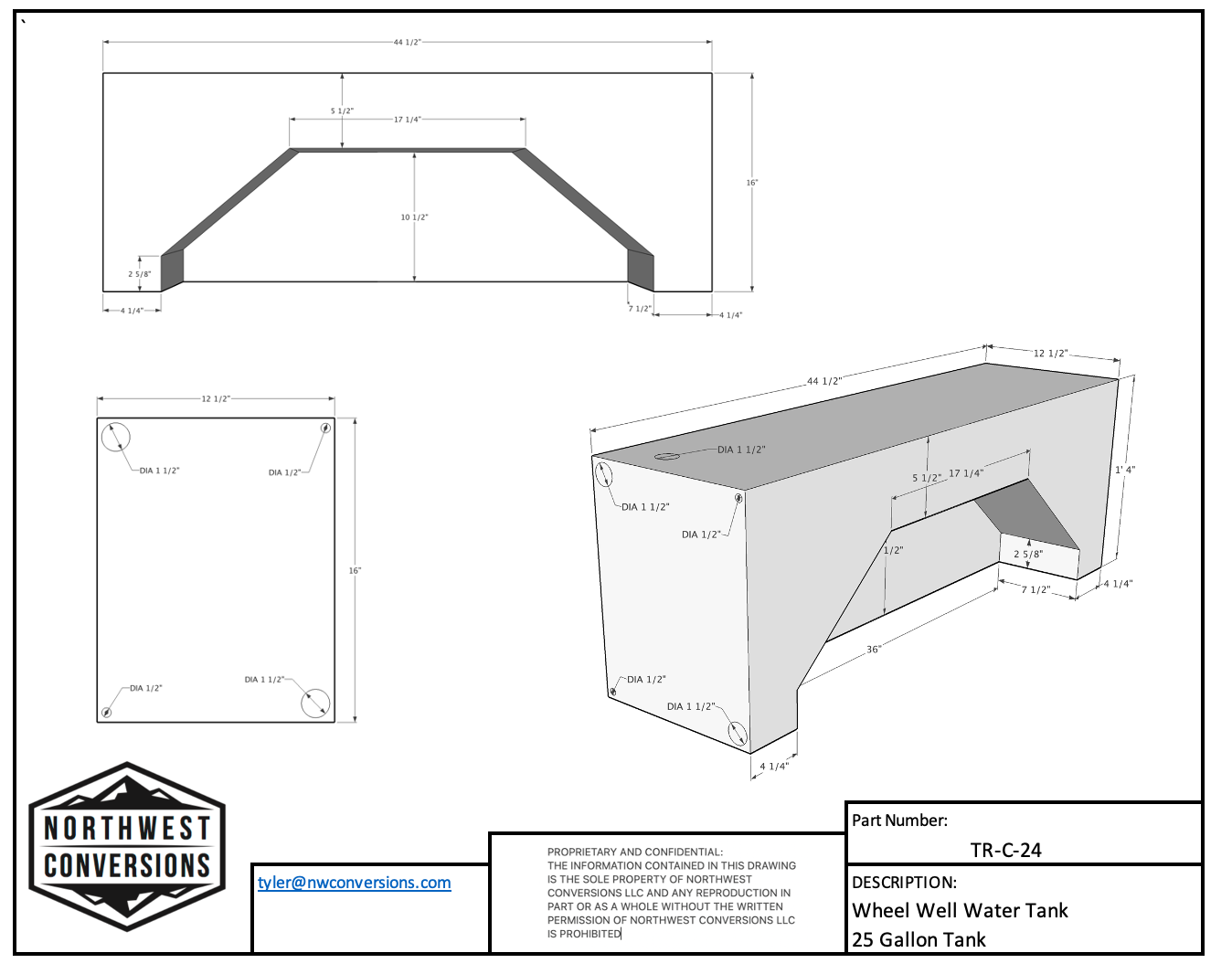 25 Gallon Water Tank for Transit Vans - spec sheet