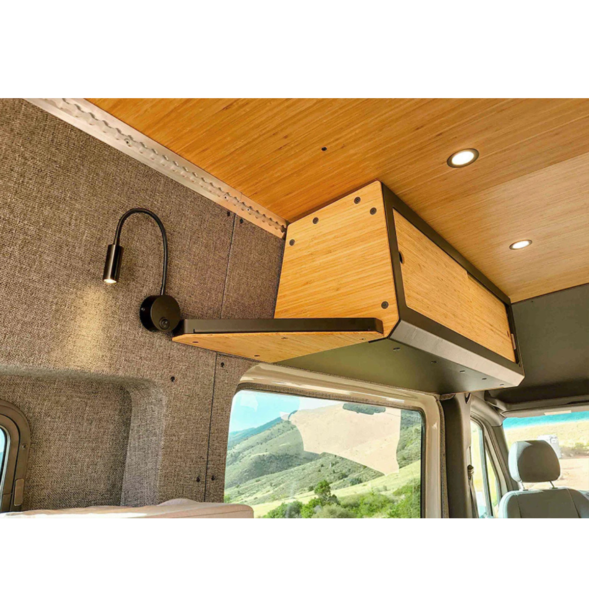 Stash cab slider installed in Sprinter van with option shelf attached