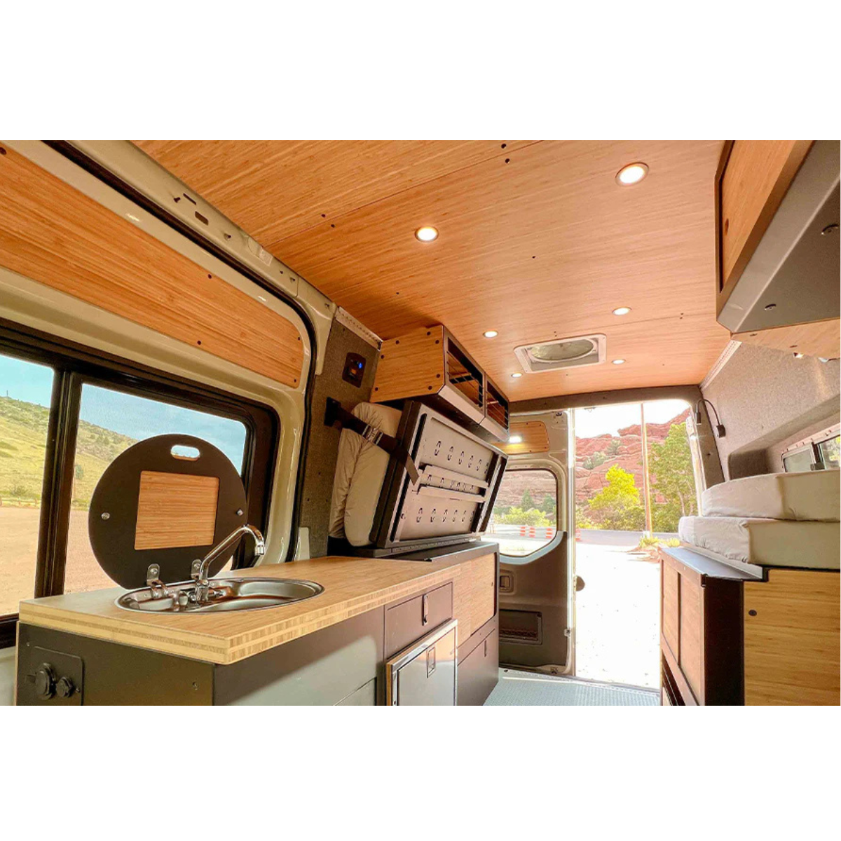 Installed Stash Cab Open Slim in Sprinter Van above Murphy Bed System