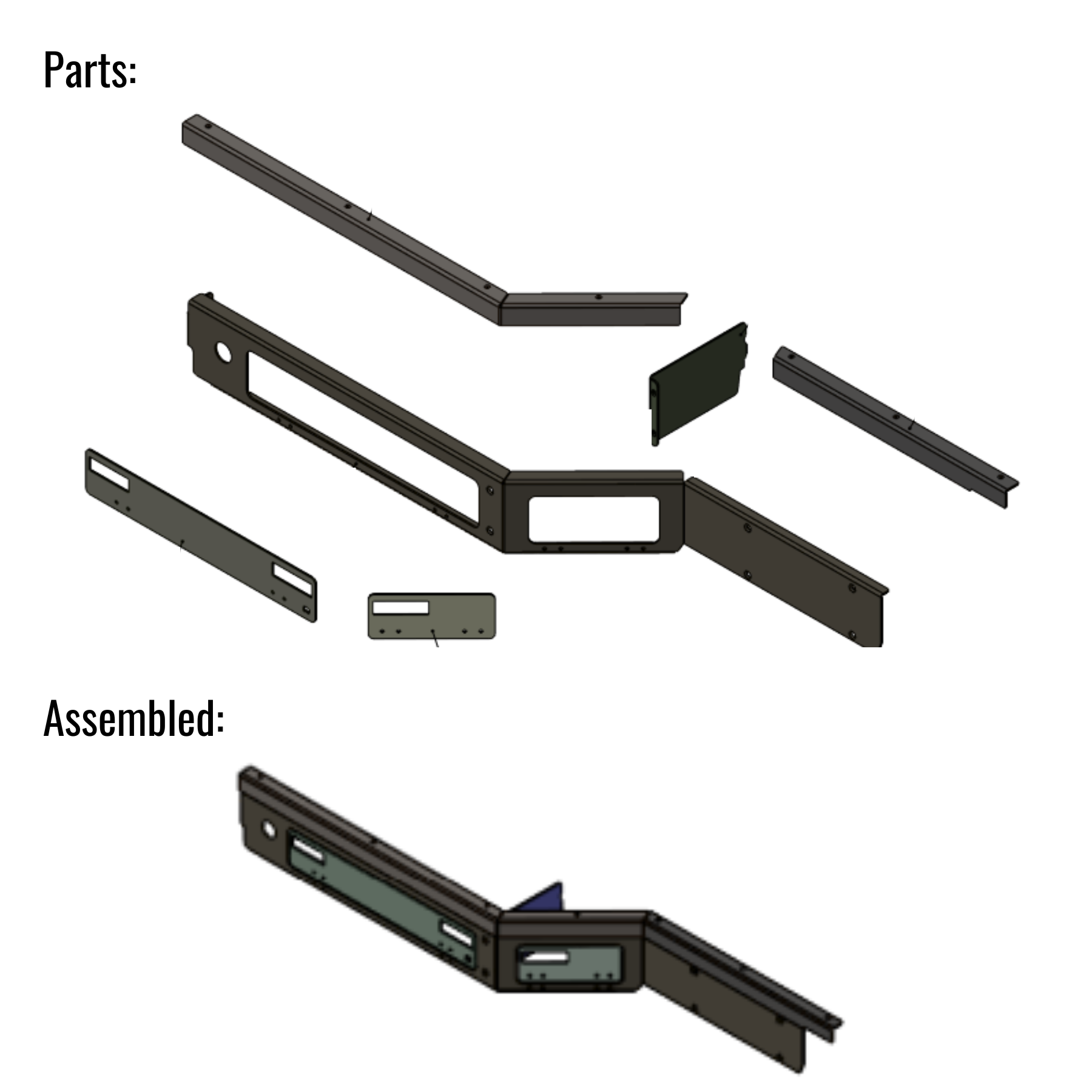 Illustration of a metal bracket assembly with parts and assembled view on a white background.