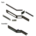 Illustration of a metal bracket assembly with parts and assembled view on a white background.