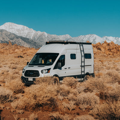 Transit in Alabama Hills with installed Unaka roof rack